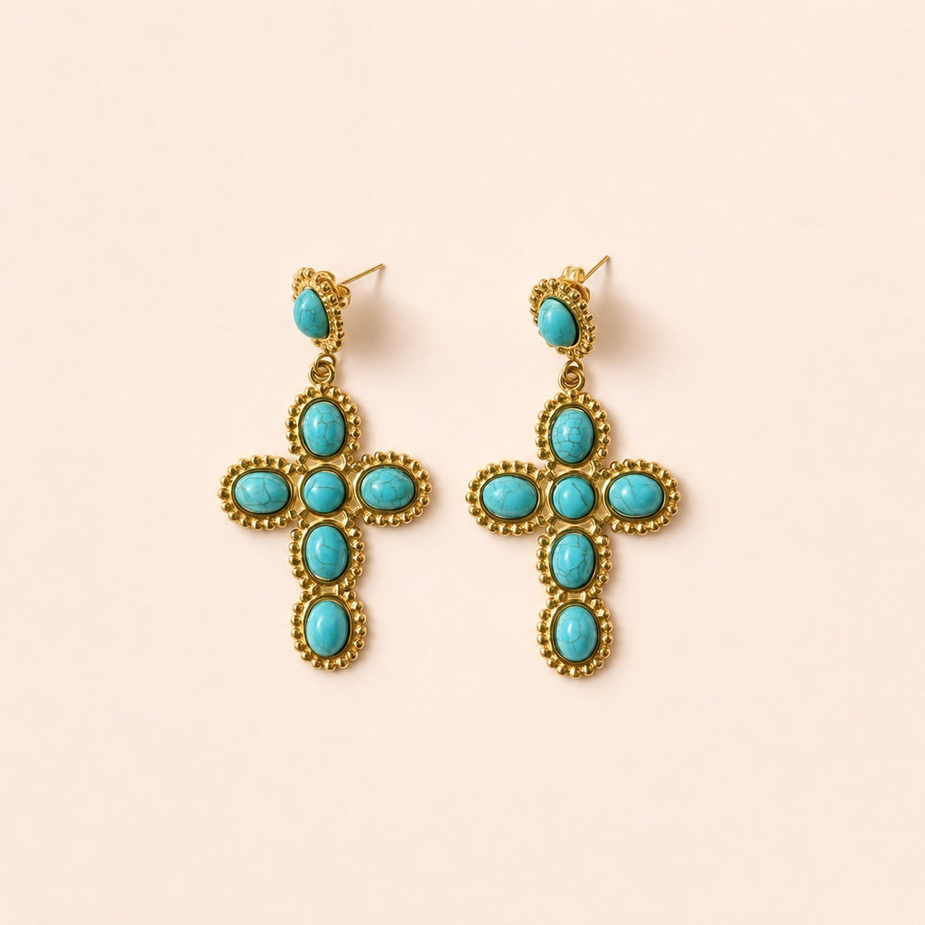 Boucles d’oreilles TÉA Or turquoise sur fond clair